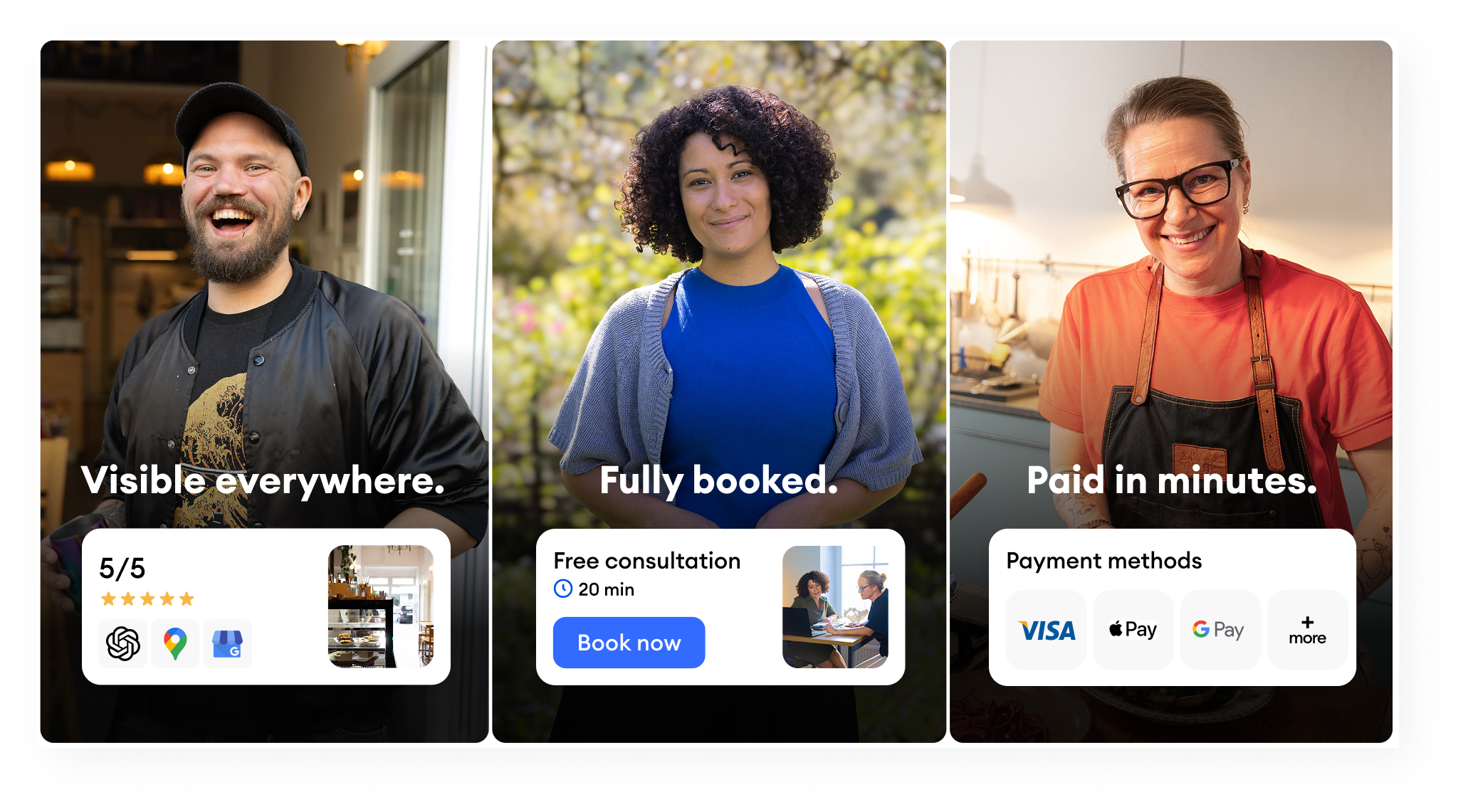 Three solopreneurs from different industries — a restaurateur, a consultant, and a craftsperson — with the three Jimdo pillars: Visible everywhere, Always booked, Paid fast. Alongside the headline: For a strong business. With Jimdo's platform for solopreneurs.