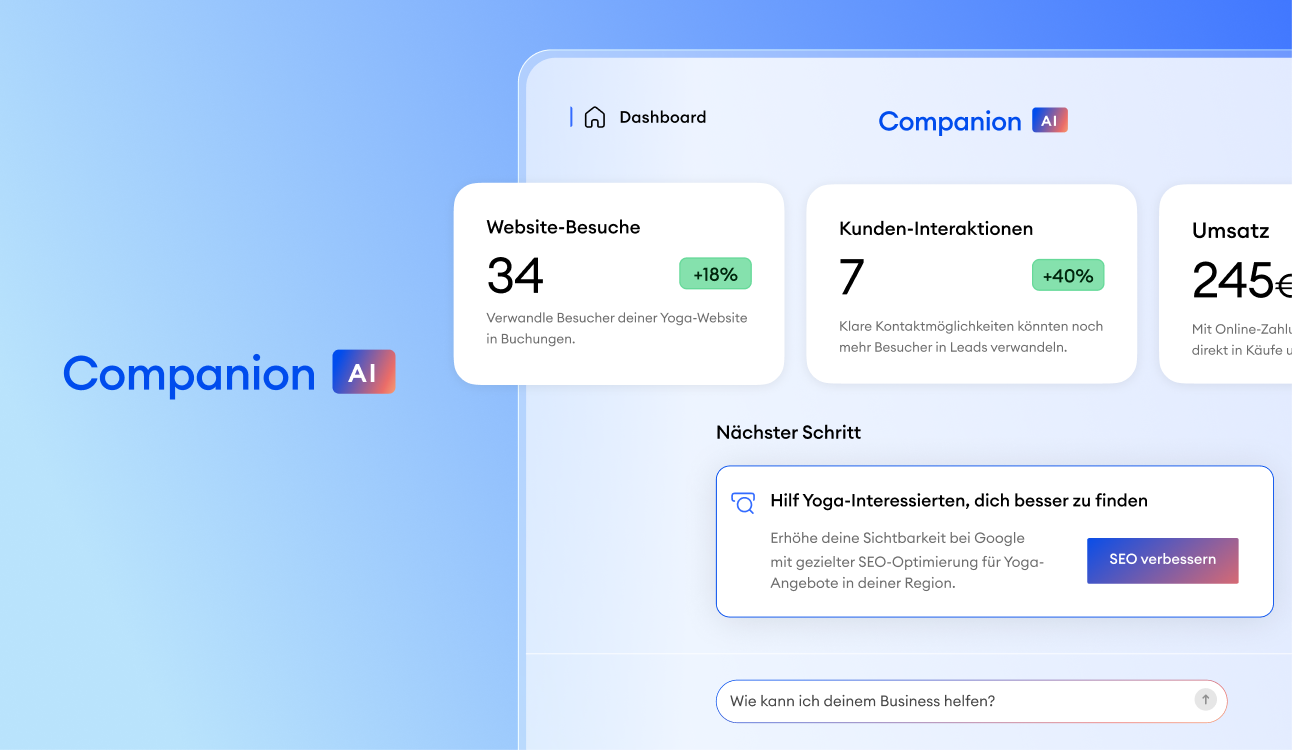 Companion Dashboard zeigt Website-Besuche, Kunden-Interaktionen und nächsten Schritt für mehr Sichtbarkeit