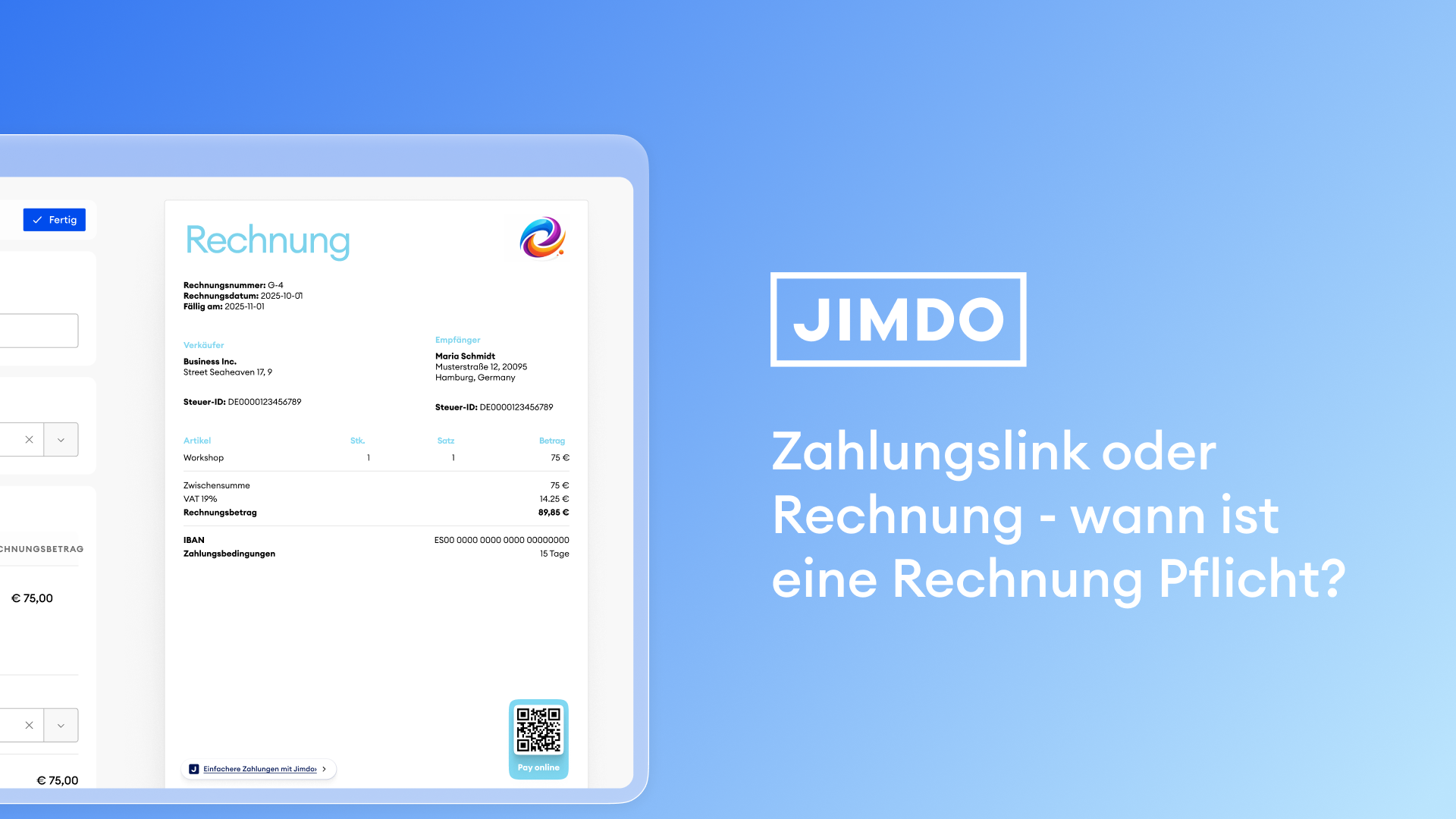 Jimdo-Rechnung mit Rechnungsnummer, Steuer-ID, MwSt. und QR-Code für Online-Zahlung
