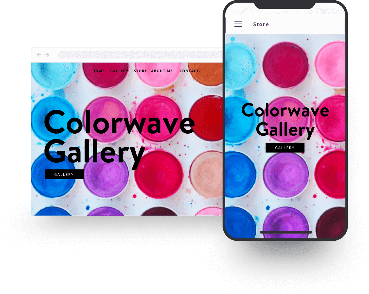 Die Ansicht einer Kunstgalerie-Website auf einem Desktop-Bildschirm und auf einem Smartphone