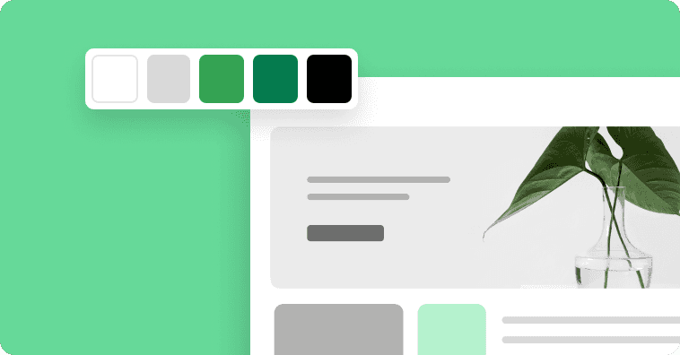 Web design layout with a green and gray color palette, featuring a plant in a glass vase.