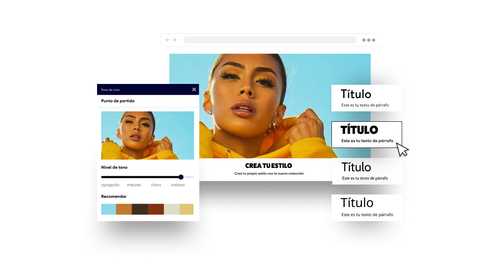 Interfaz de diseño web muestra opciones de personalización de fuente y color para una página web con mujer en atuendo amarillo.