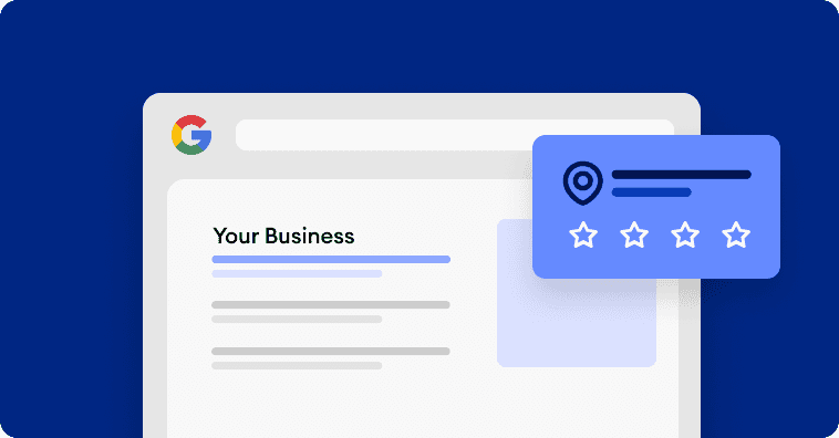Web page with business profile and a pop-up showing a location pin and five-star rating.