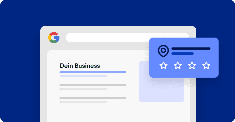 Webseite mit Geschäftsprofil und einem Pop-up, das einen Standortpin und eine Fünf-Sterne-Bewertung zeigt.