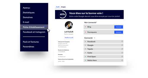 Interface de tableau de bord affichant les paramètres de profil d'entreprise avec des options de menu à gauche et des applications connectées à droite.