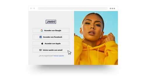 Pantalla de inicio de sesión con opciones para iniciar sesión a través de Google, Facebook, Apple o correo electrónico. Persona con sudadera amarilla a la derecha.