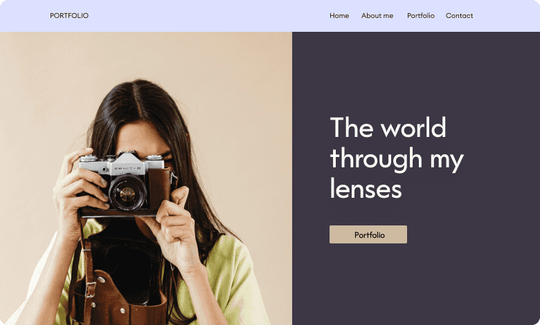 Woman holding a vintage camera to her face, with text overlay "The world through my lenses" and a portfolio button.
