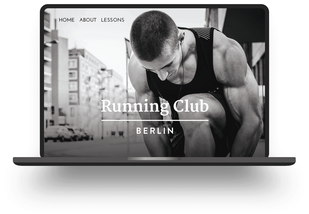 Laptop displaying website with a male runner tying his shoe, overlaid with "Running Club Berlin" text.