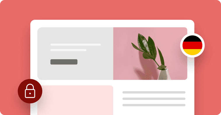 Web layout with a plant in a vase, a lock icon, and a German flag on a red background.