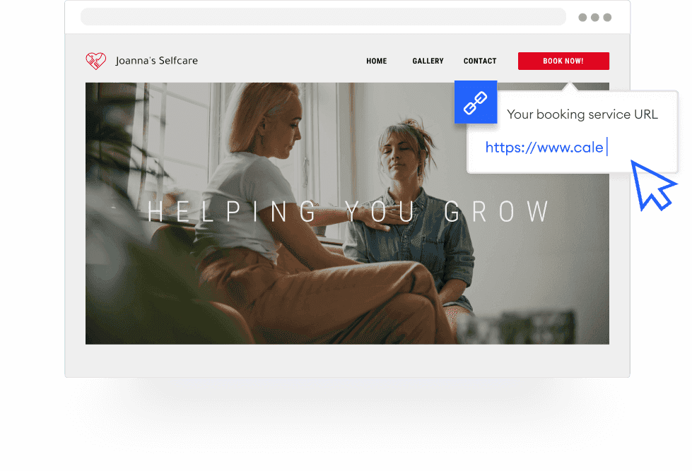 Deux personnes sont assises face à face dans une maquette de site web de soins personnels avec une URL de réservation mise en valeur.