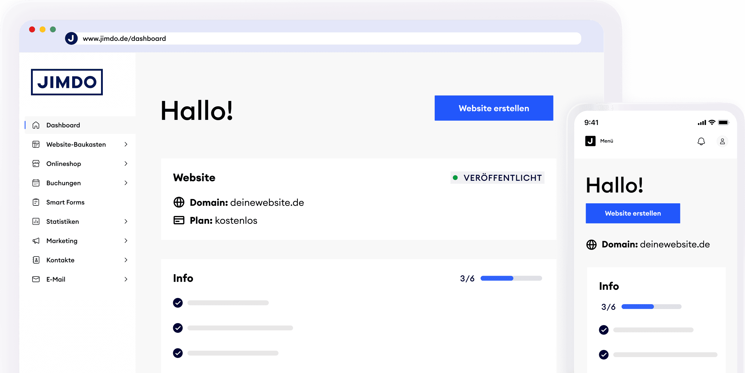 Dashboard-Ansicht von Jimdo auf Laptop- und Smartphone-Bildschirm mit Begrüßung „Hallo!“, Domain-Vorschau und Veröffentlichungsstatus der Website.