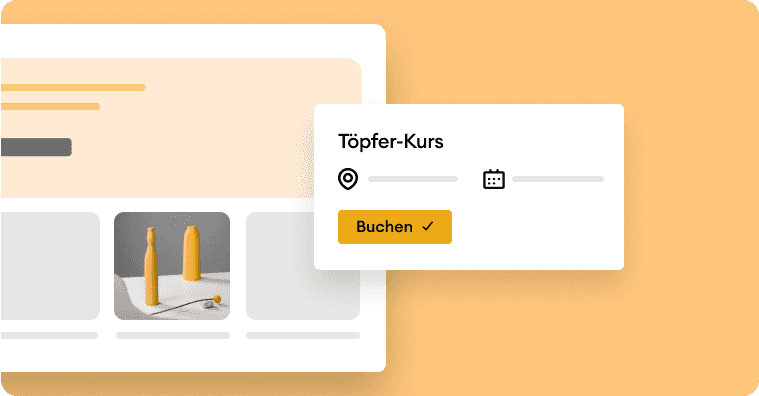 Webseite mit einem Buchungspop-up für einen Töpferkurs, darüber liegend, mit Töpferflaschen in einem Thumbnail.