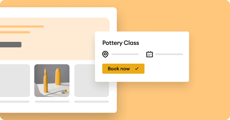 Web page with a booking pop-up for a pottery class overlaid, featuring pottery bottles in a thumbnail.