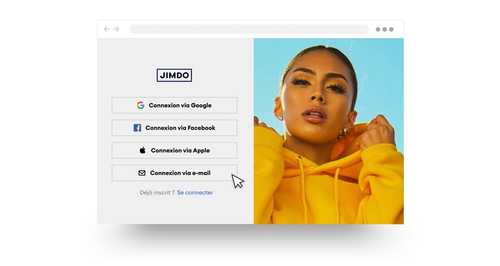 Écran de connexion avec options pour se connecter via Google, Facebook, Apple ou e-mail. Personne en sweat à capuche jaune à droite.