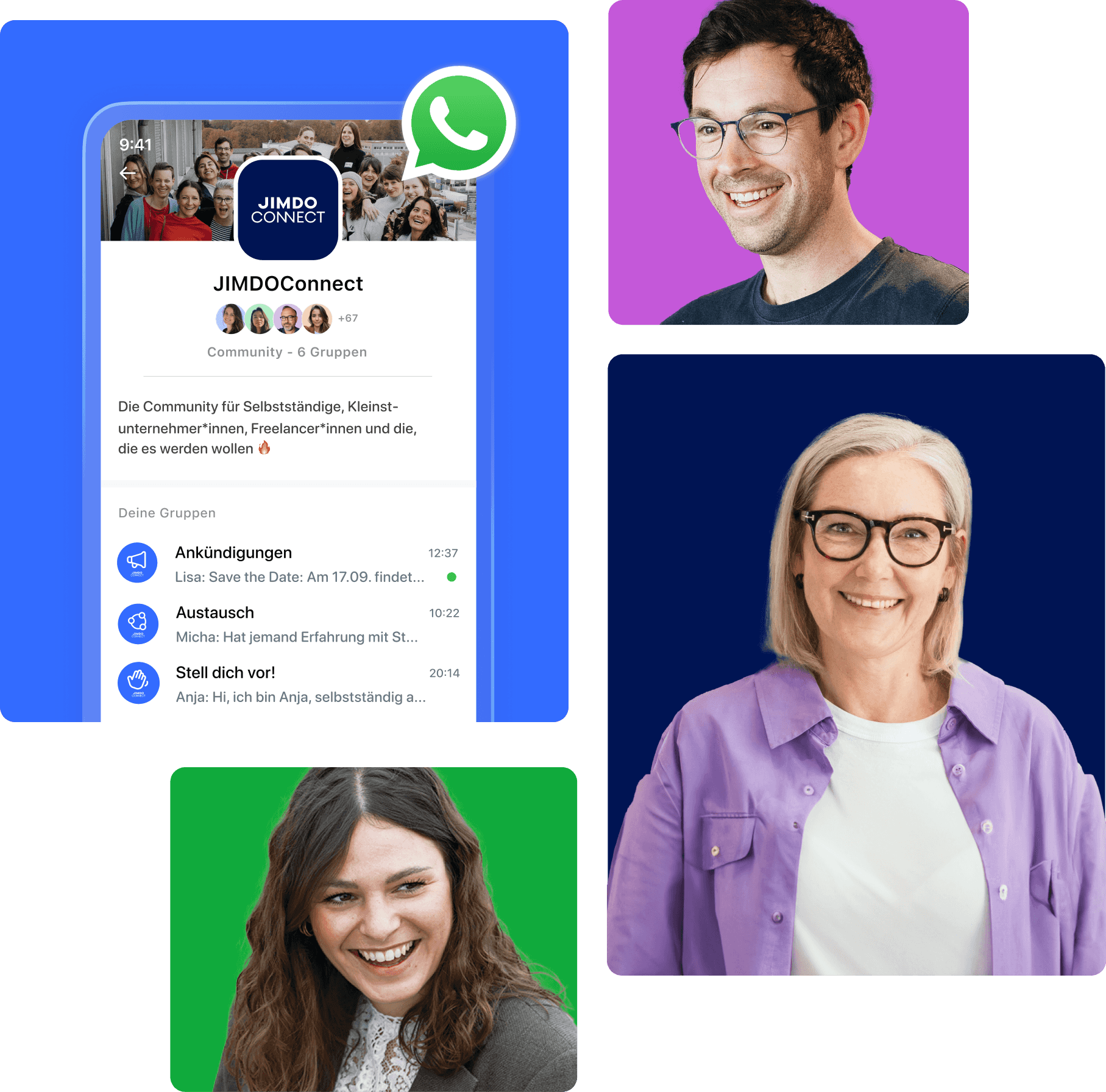 Visual of the JIMDOConnect community in a WhatsApp-style interface, accompanied by portraits of smiling people.
