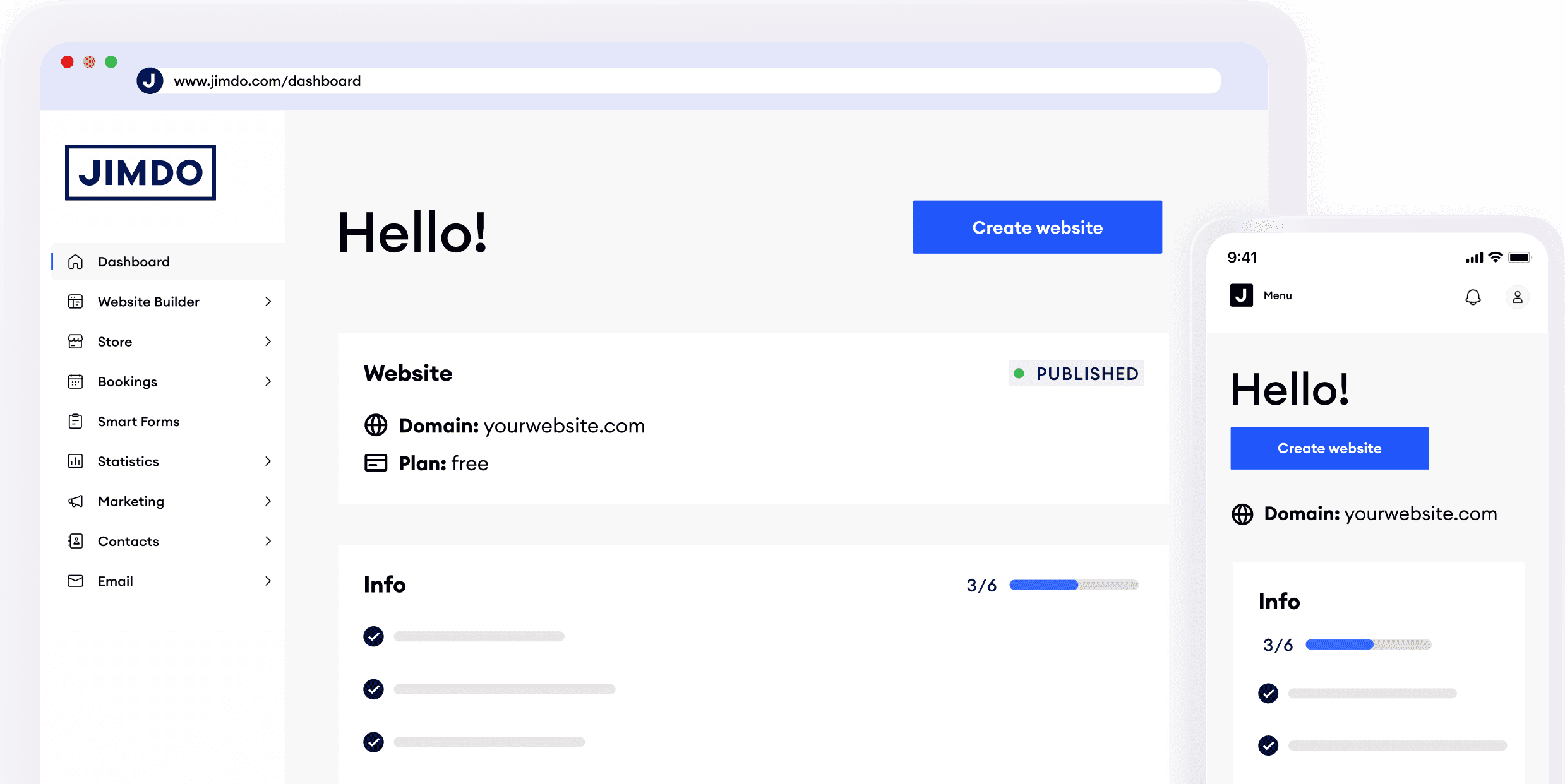 Jimdo dashboard view on laptop and smartphone screens, showing a welcome message “Hallo!”, a preview of a domain, and website publishing status.