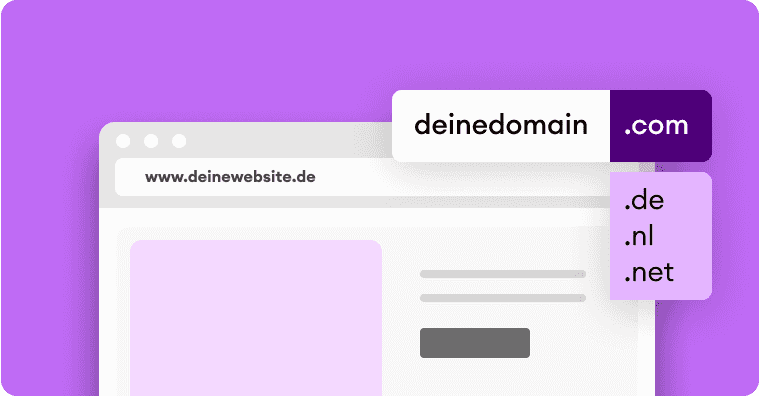 Webbrowser-Fenster mit der Domain uwwebsite.nl, Hervorhebung der Erweiterungsoptionen .com, .nl und .net auf einem lila Hintergrund.