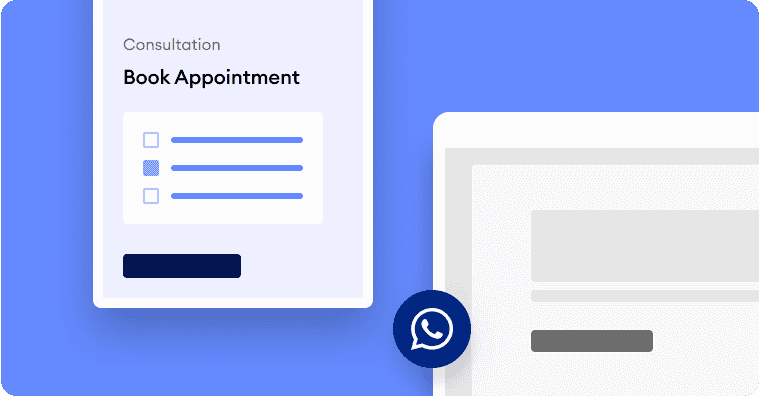 Appointment booking interface with checkboxes, a consultation form, and a WhatsApp icon on a blue background.