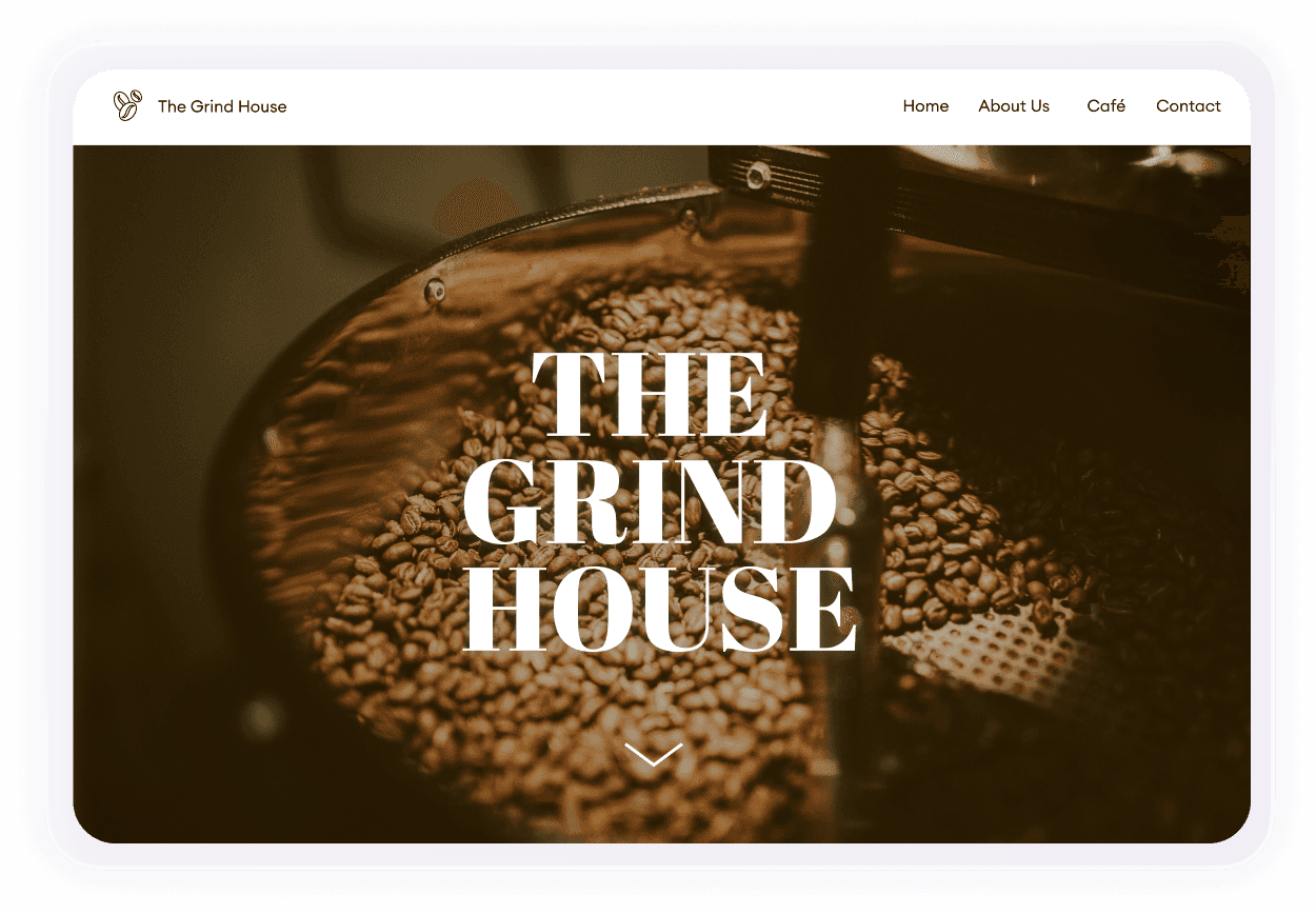 Website showing a close-up of coffee beans with the text “The Grind House”.