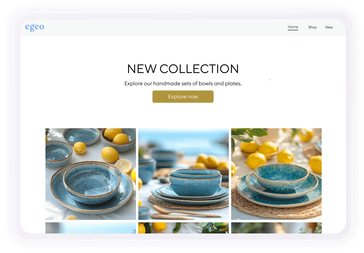 Online shop featuring colorful images of handcrafted ceramic dishes and the headline “New Collection”.