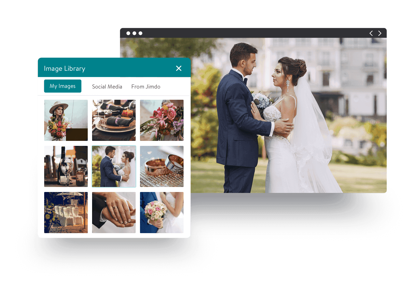 Ein Foto eines Brautpaares an ihrem Hochzeitstag, direkt neben einem Screenshot, der die Bilddatenbank ihrer Website zeigt.