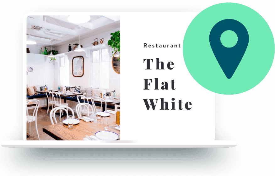 Beispiel für eine Café-Website, daneben eine Ortsnadel aus Google Maps.