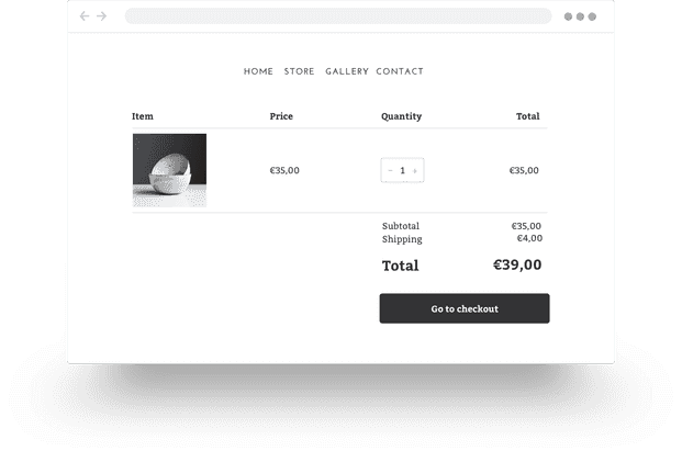 Pagina del carrello che mostra un articolo con un prezzo di 35,00 €, selettore di quantità e costo totale di 39,00 € con pulsante di pagamento.