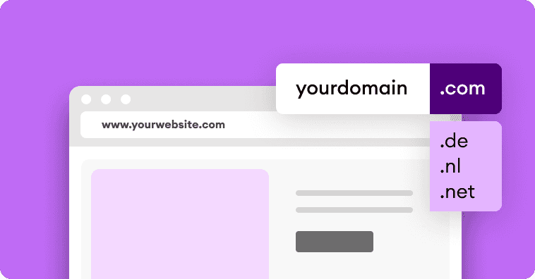 Web browser window with domain uwwebsite.nl, highlighting extension options .com, .nl, and .net on a purple background.